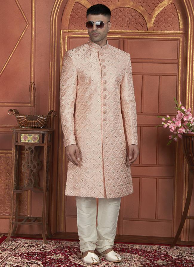 Dhupion Art Silk Peach Wedding Wear Thread Work Readymade Sherwani